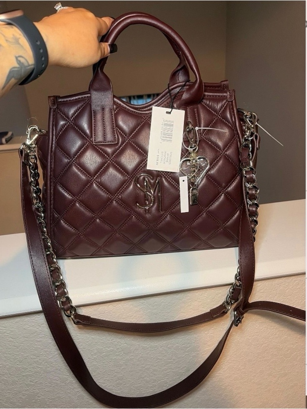 Steve Madden Quilted Wine Satchel with Chain Strap